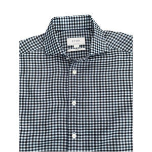 New Eton Contemporary Blue Mini Plaid 100% Merino Wool Dress Shirt  Size S 15 38